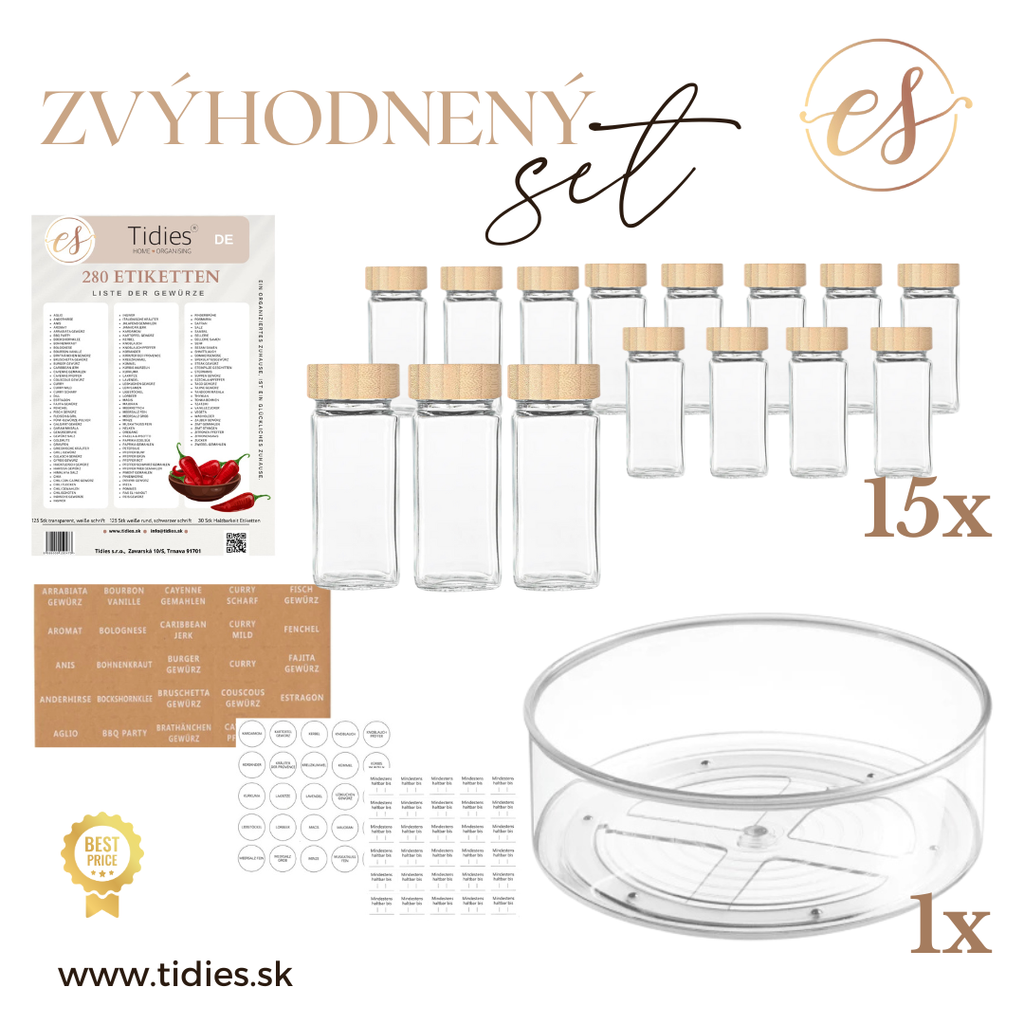 Tidies – Set – 15 pieces spice jars, labels and Lazy Susan